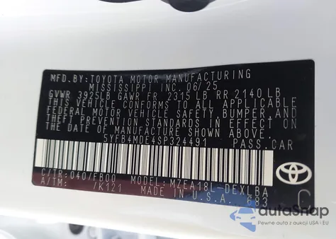 2025 Toyota Corolla Le из США, поврежденный, VIN 5YFB4MDE4SP324491